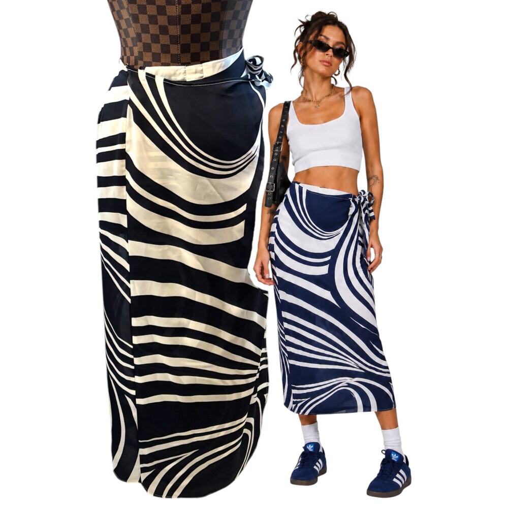 Vtg Judy Hornby Navy Blue White Abstract Wrap Sarong Midi Skirt Size 6 OpArt NEW
